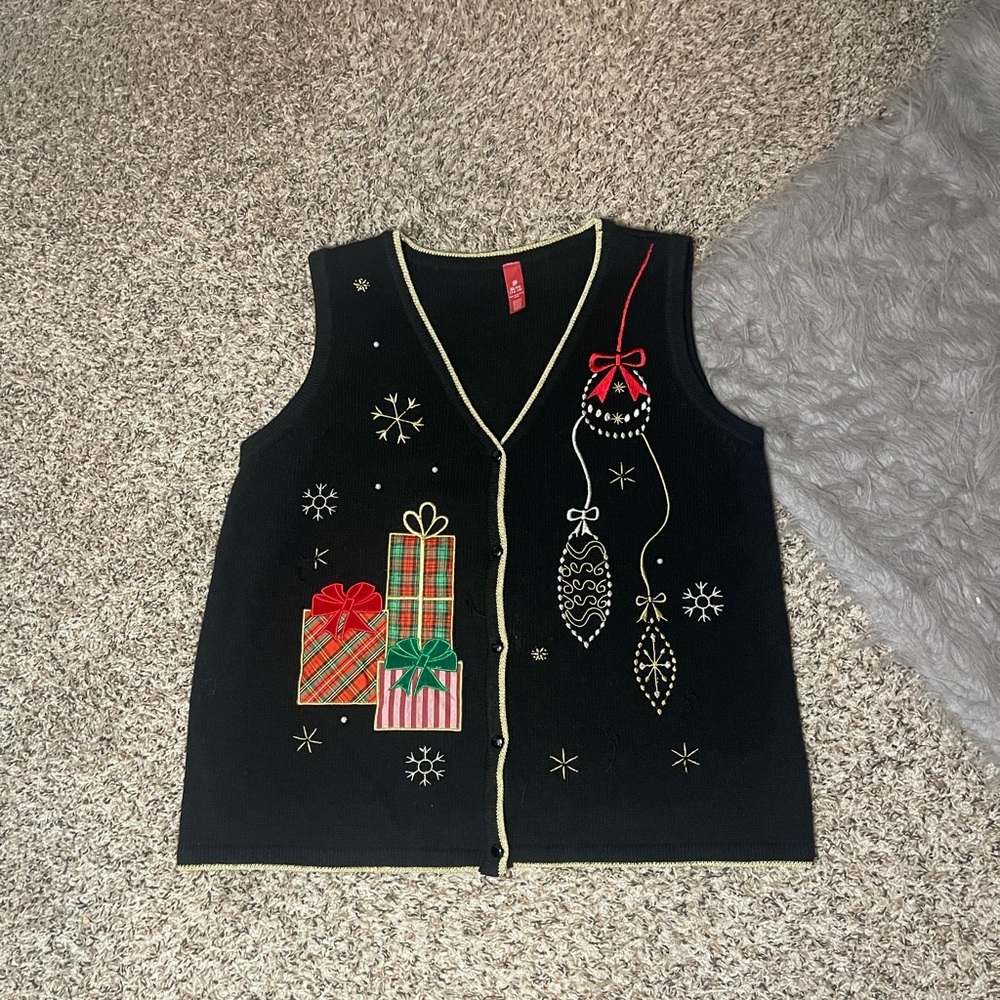 Festive Black Holiday Vest with Stitched Gift and Ornament Design